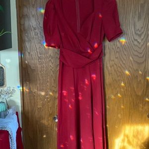 Red, faux wrap front dress